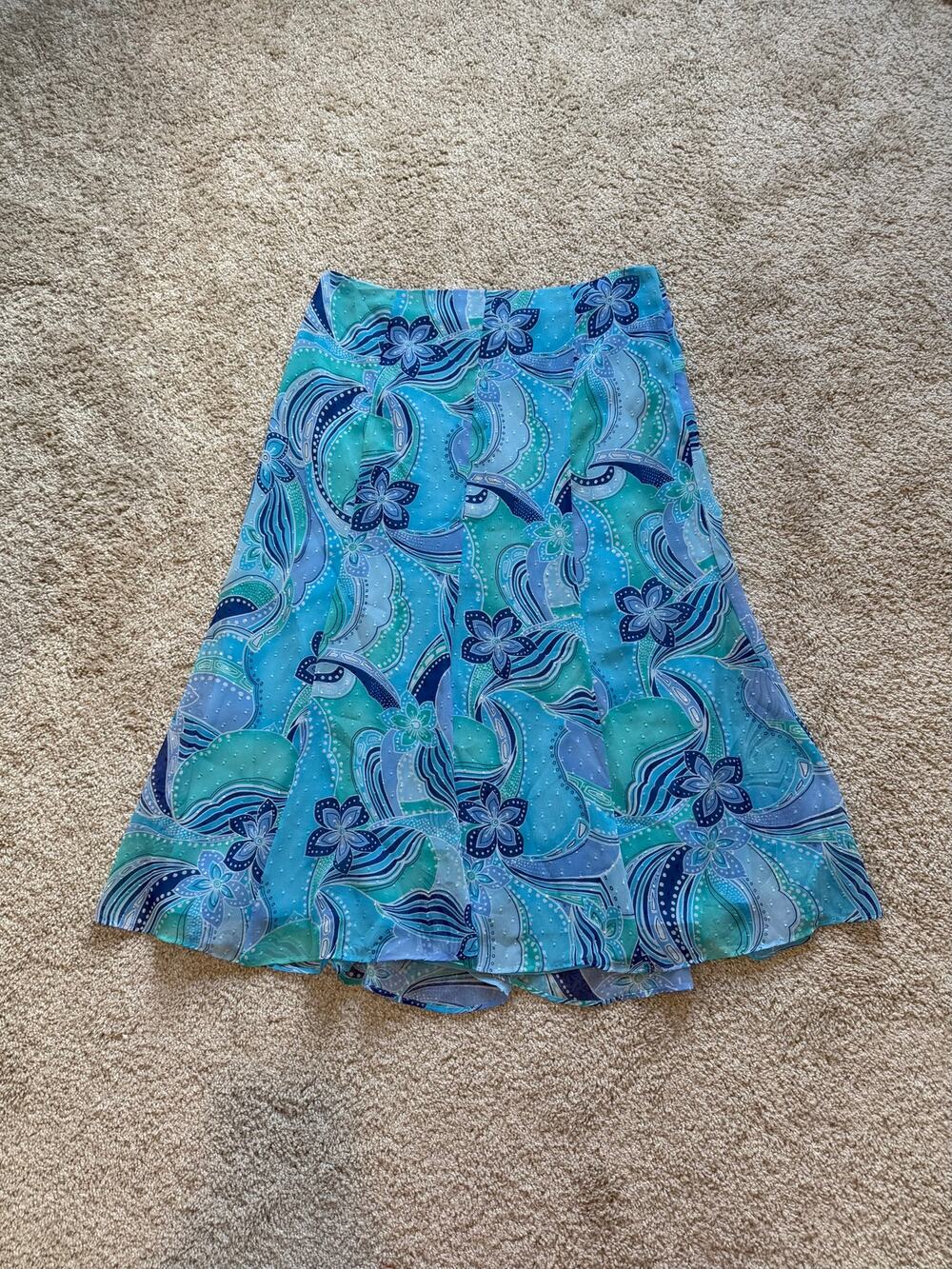 Judith Hart Collection Blue Aqua Floral A-Line Midi Skirt Women's 12 Fairy